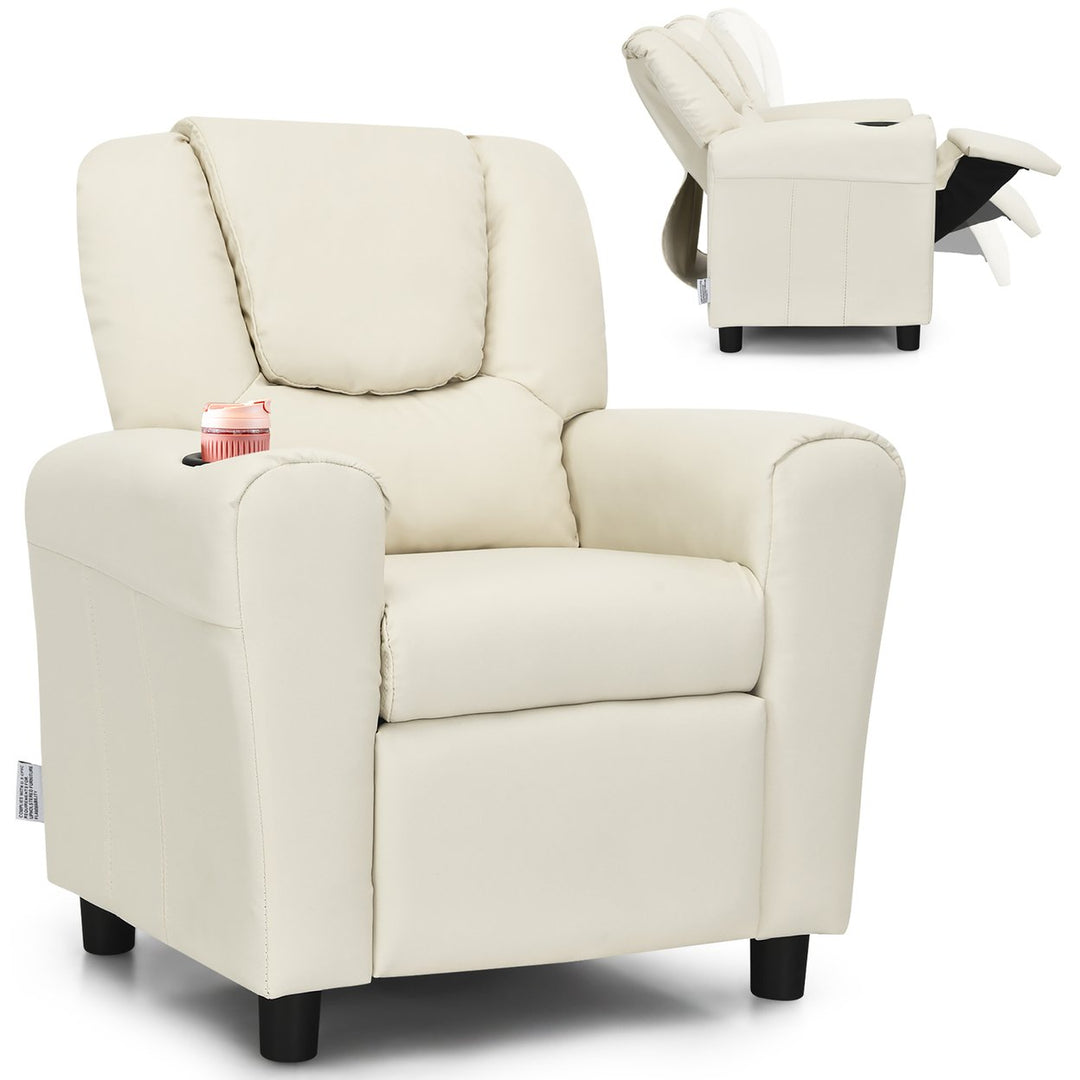 Costway Kids Recliner Chair PU Leather Armrest Sofa w/Footrest Cup Holder Beige\Brown Image 1