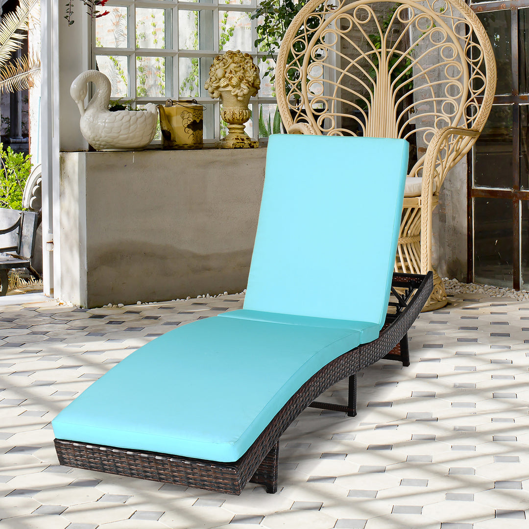 Costway 2PCS Patio Rattan Folding Lounge Chair Chaise Adjustable White\Turquoise Cushion Image 2