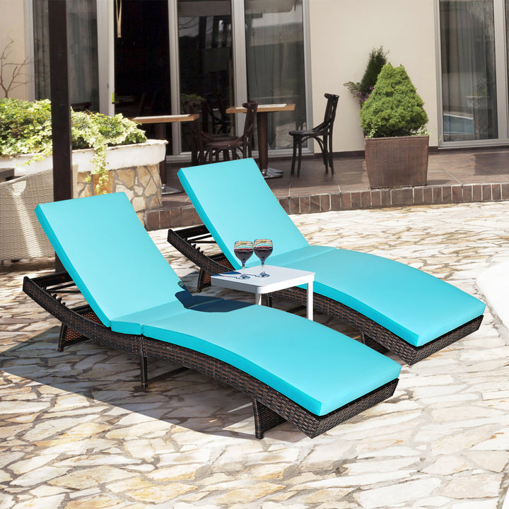 Costway 2PCS Patio Rattan Folding Lounge Chair Chaise Adjustable White\Turquoise Cushion Image 11