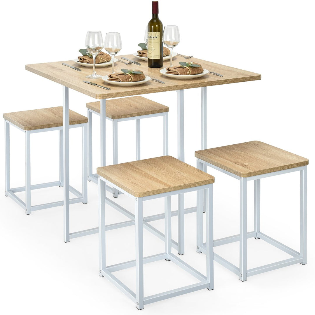 Costway 5pcs Dining Set Compact Dining Table and 4 Stools Metal Frame Nature\Vintage Image 1