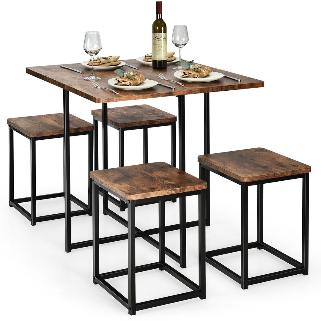 Costway 5pcs Dining Set Compact Dining Table and 4 Stools Metal Frame Nature\Vintage Image 6