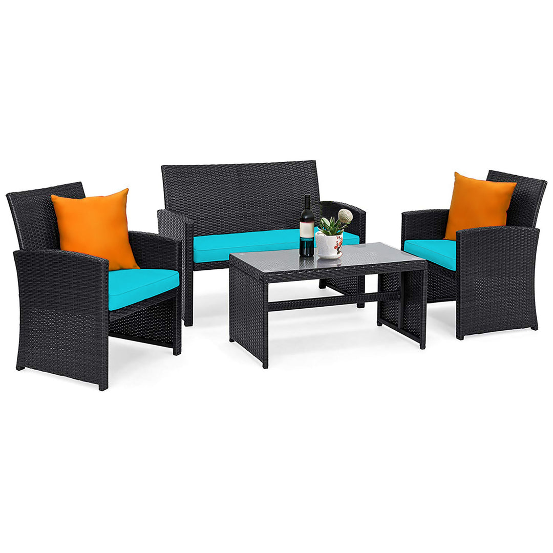 Costway 4PCS Patio Rattan Furniture Conversation Set Cushion Sofa Table Garden Turquoise\Navy Image 2