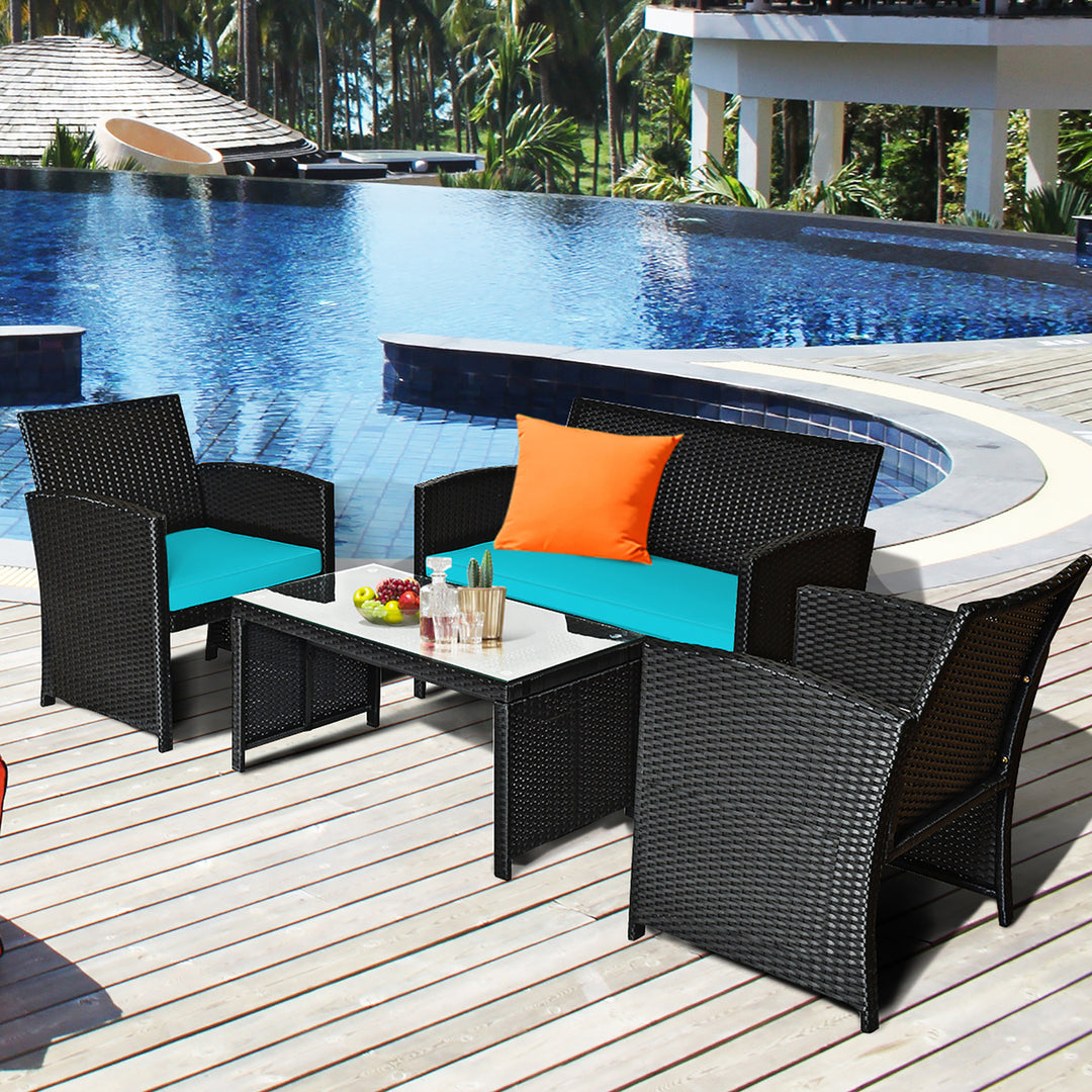 Costway 4PCS Patio Rattan Furniture Conversation Set Cushion Sofa Table Garden Turquoise\Navy Image 4