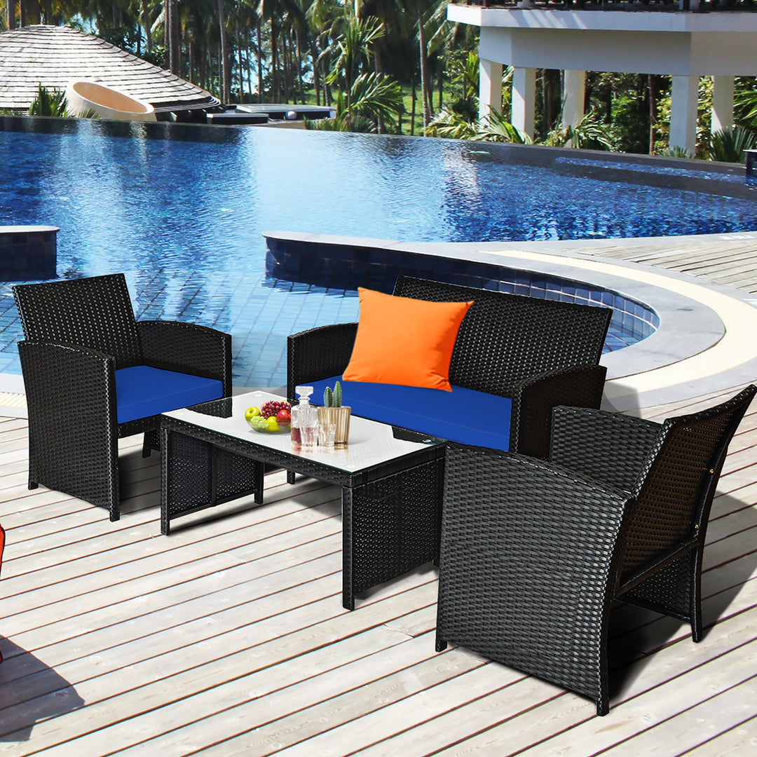 Costway 4PCS Patio Rattan Furniture Conversation Set Cushion Sofa Table Garden Turquoise\Navy Image 6