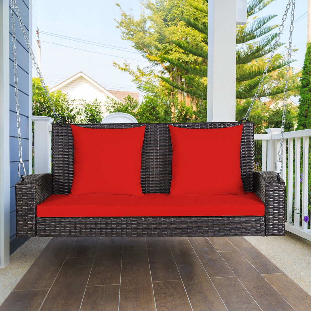 Costway 2-Person Patio Rattan Hanging Porch Swing Bench Chair Cushion Beige\Black\Red\Turquoise Image 1