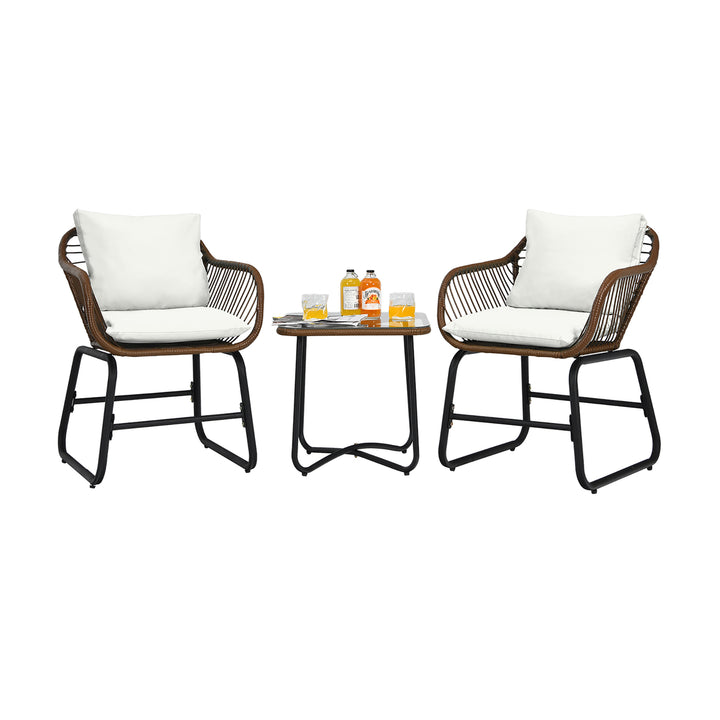 Costway 3PCS Patio Rattan Bistro Set Cushioned Chair Glass Table Deck White\Turquoise Image 3