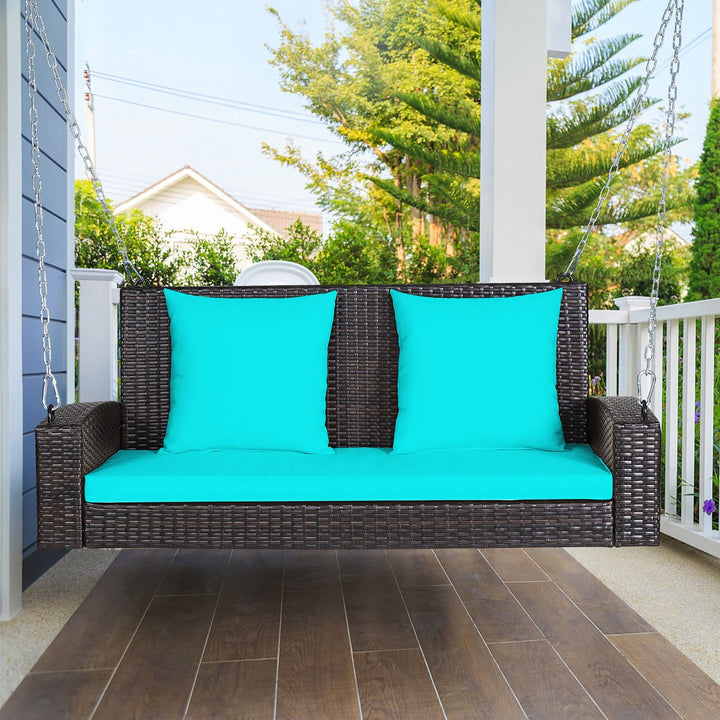 Costway 2-Person Patio Rattan Hanging Porch Swing Bench Chair Cushion Beige\Black\Red\Turquoise Image 1