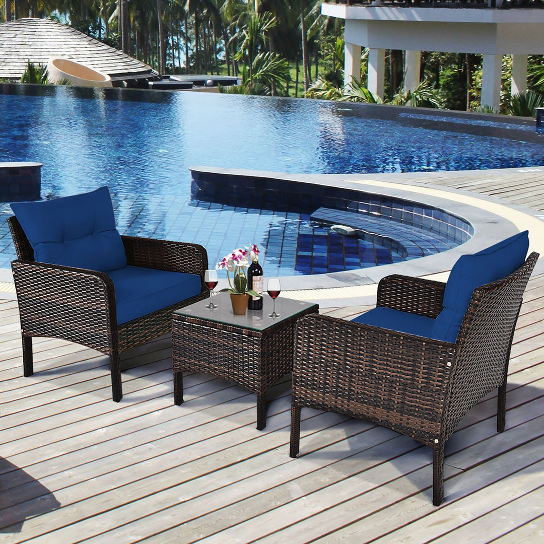 Costway 3PCS Outdoor Rattan Conversation Set Patio Garden Cushioned Sofa Chair Image 1