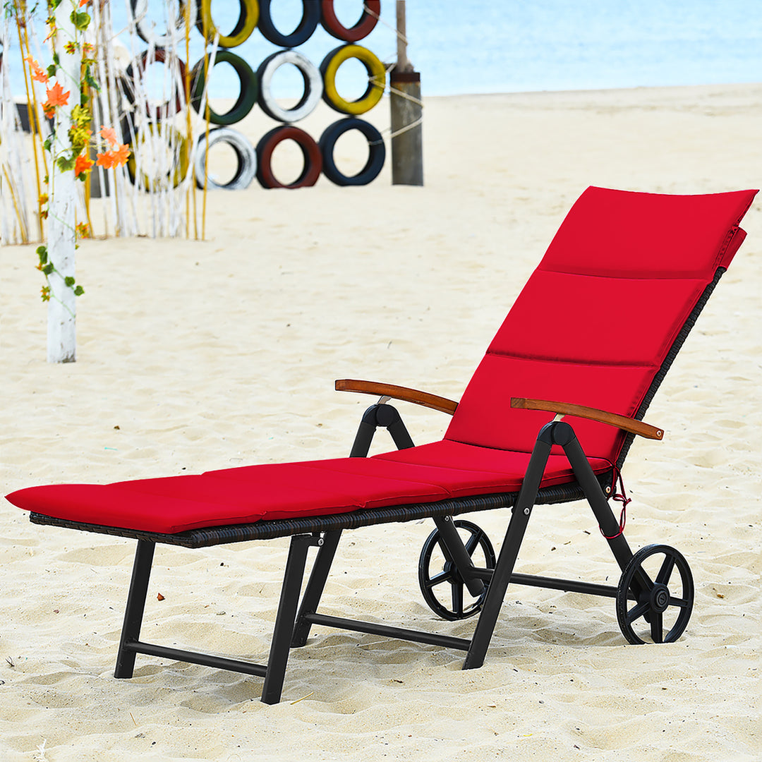 Costway Folding Patio Rattan Lounge Chair Cushioned Aluminum w/ Wheel Image 1