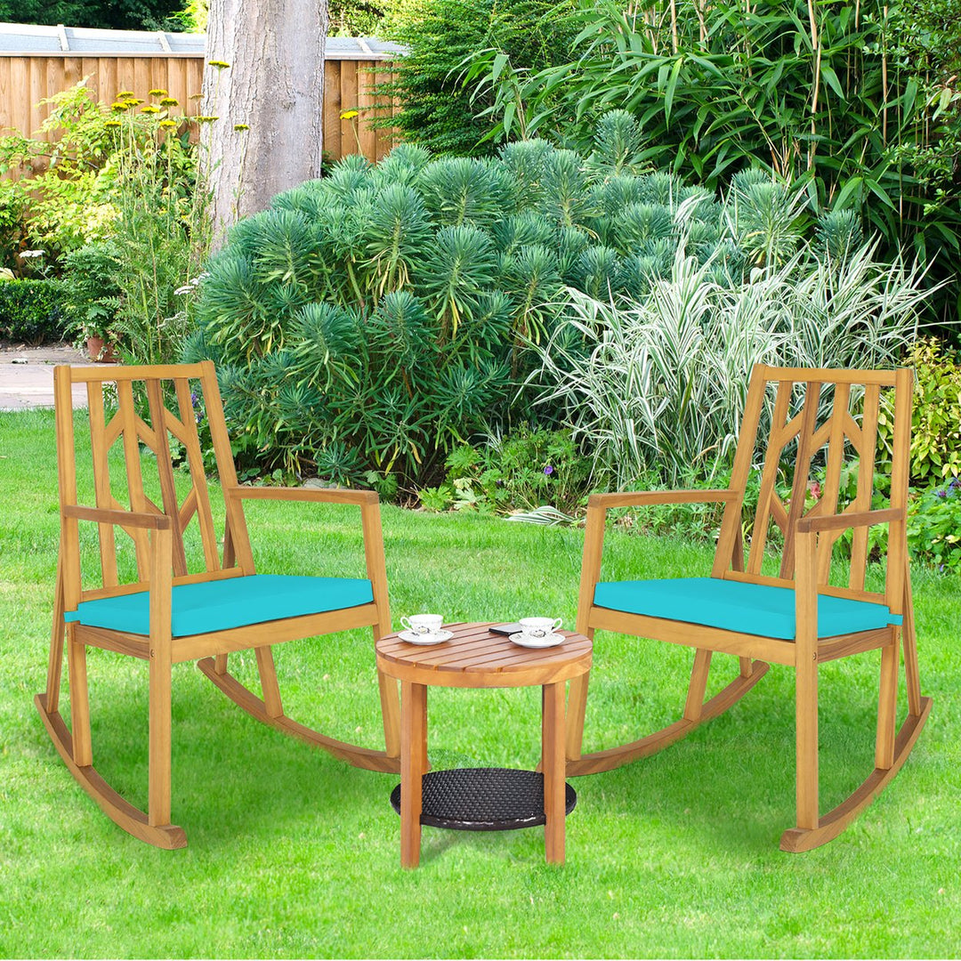 Costway 2 PCS Patio Rocking Chair Acacia Wood Armrest Cushioned Sofa Garden Deck White\Red\Turquoise Image 1