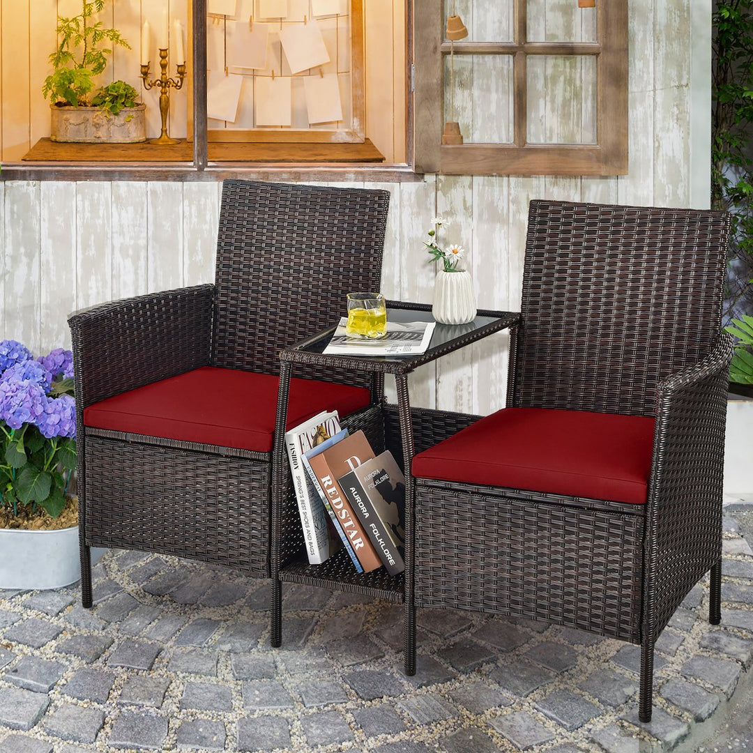 Costway Patio Rattan Wicker Conversation Set Sofa Cushioned Loveseat Glass Table Image 1