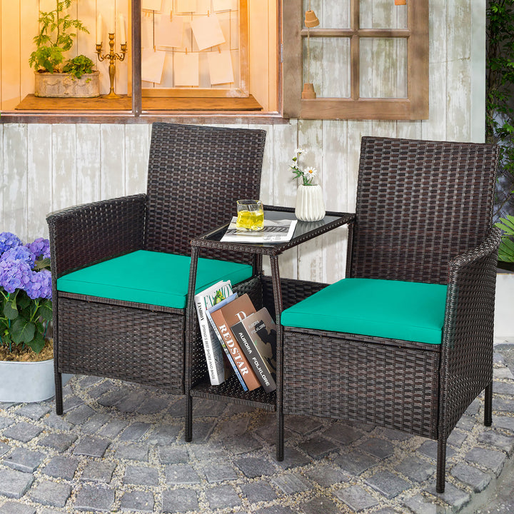 Costway Patio Rattan Wicker Conversation Set Sofa Cushioned Loveseat Glass Table Image 1