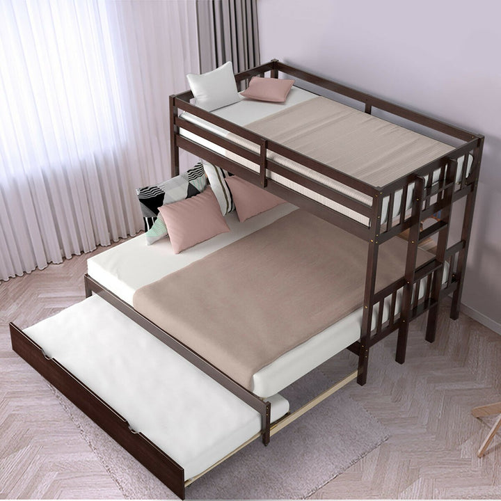 Costway Twin Over Twin Pull-Out Bunk Bed with Trundle Wooden Ladder White\Espresso Image 1