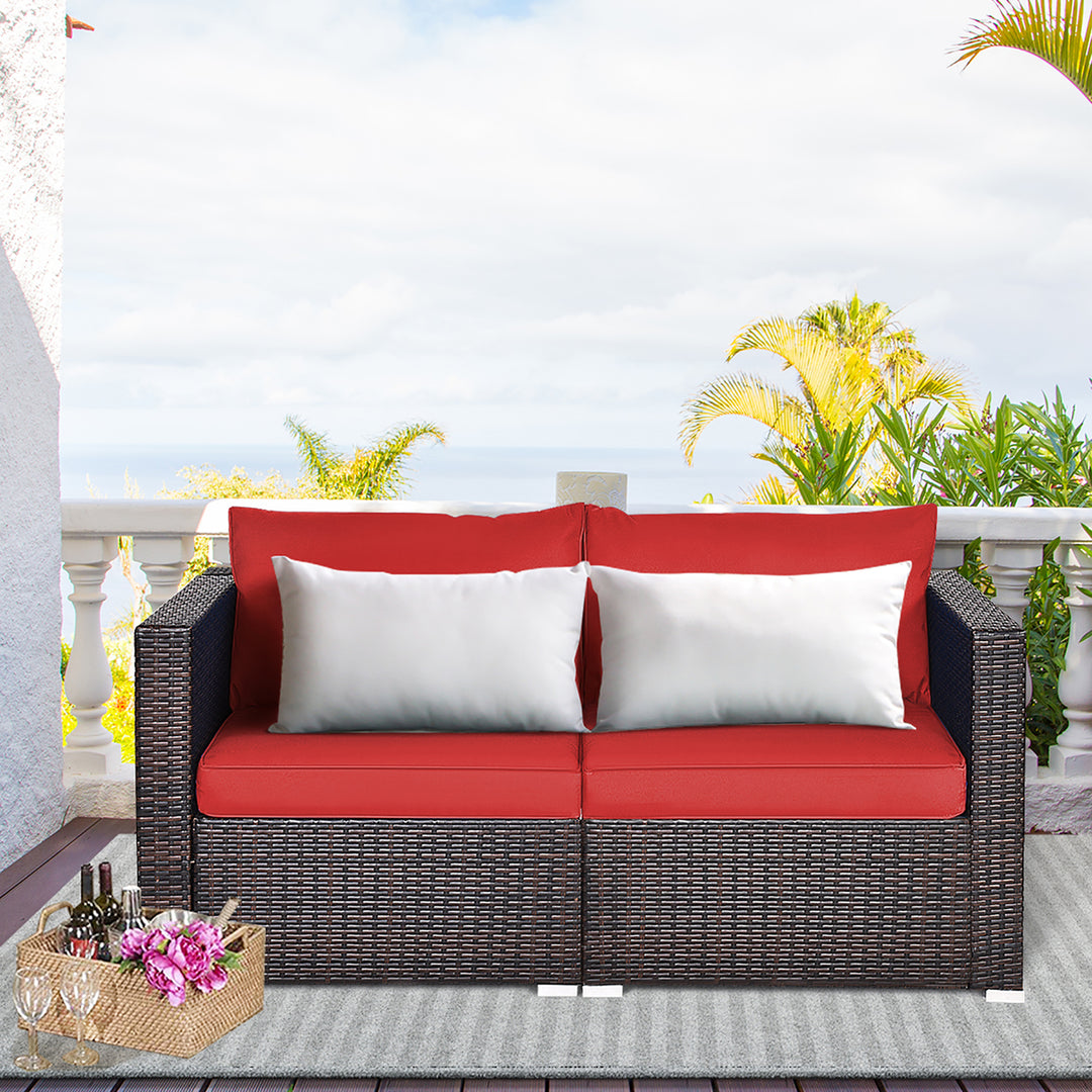 Costway 2PCS Patio Rattan Corner Sofa Sectional Furniture Set Black Cushion Black\Red Image 2