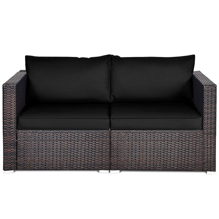 Costway 2PCS Patio Rattan Corner Sofa Sectional Furniture Set Black Cushion Black\Red Image 3