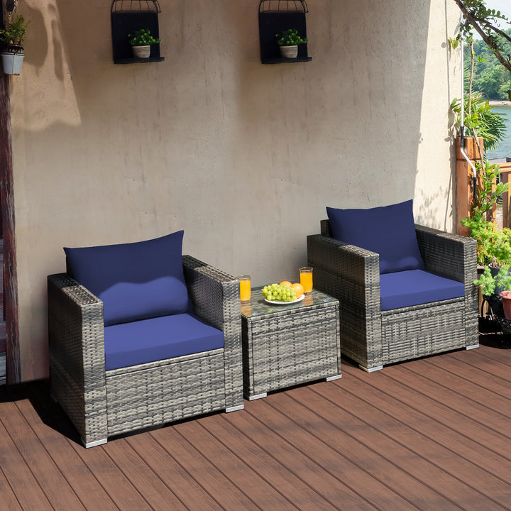 Costway 3 PC Patio Rattan Furniture Bistro Set Cushioned Sofa Chair Table White\Navy Image 4