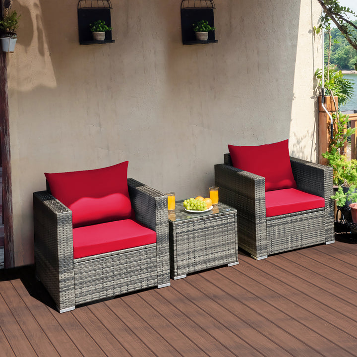 Costway 3 PC Patio Rattan Furniture Bistro Set Cushioned Sofa Chair Table White\Navy Image 5