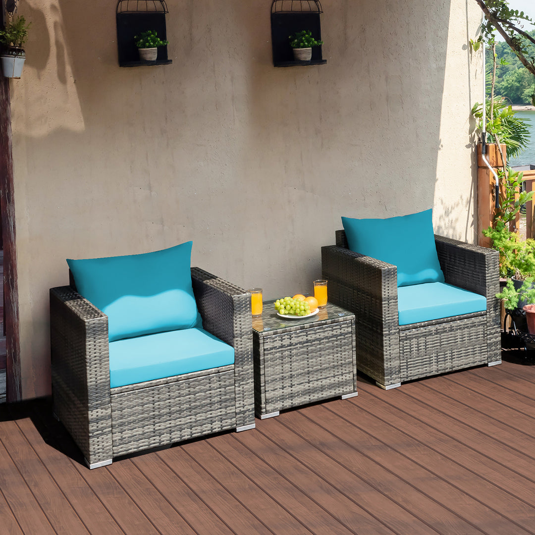 Costway 3 PC Patio Rattan Furniture Bistro Set Cushioned Sofa Chair Table White\Navy Image 6