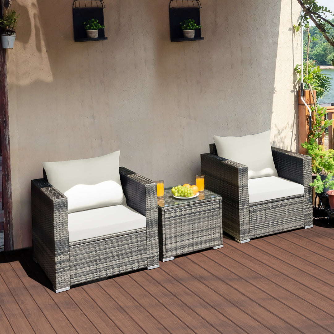 Costway 3 PC Patio Rattan Furniture Bistro Set Cushioned Sofa Chair Table White\Navy Image 7