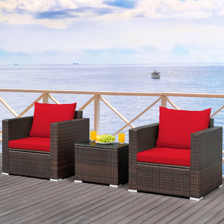 Costway 3PCS Patio Rattan Furniture Set Conversation Sofa Cushioned Turquoise\Red Image 6