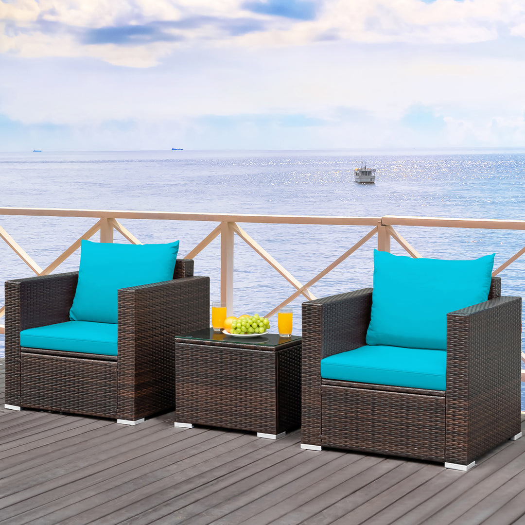 Costway 3PCS Patio Rattan Furniture Set Conversation Sofa Cushioned Turquoise\Red Image 7