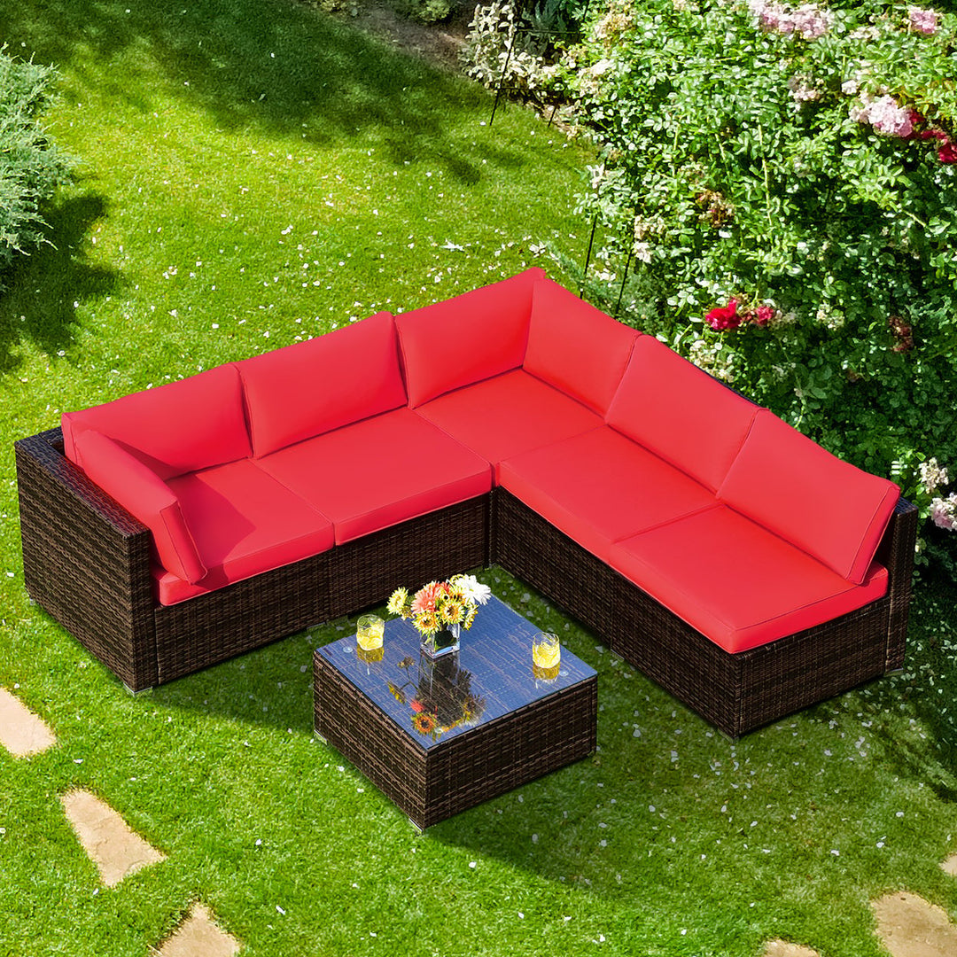 Costway 6PCS Patio Rattan Furniture Set Cushioned Sofa Coffee Table Garden Turquoise/Red/Navy/Brown/White/Black Image 1