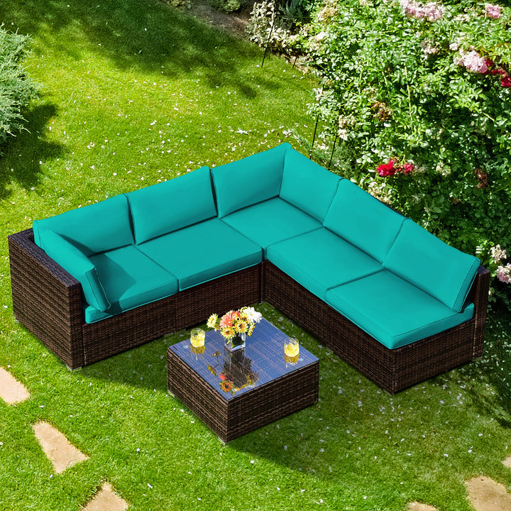 Costway 6PCS Patio Rattan Furniture Set Cushioned Sofa Coffee Table Garden Turquoise/Red/Navy/Brown/White/Black Image 1