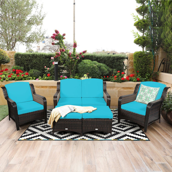 Costway 5PCS Patio Rattan Furniture Set Loveseat Sofa Ottoman W/Red\White Cushion Image 1