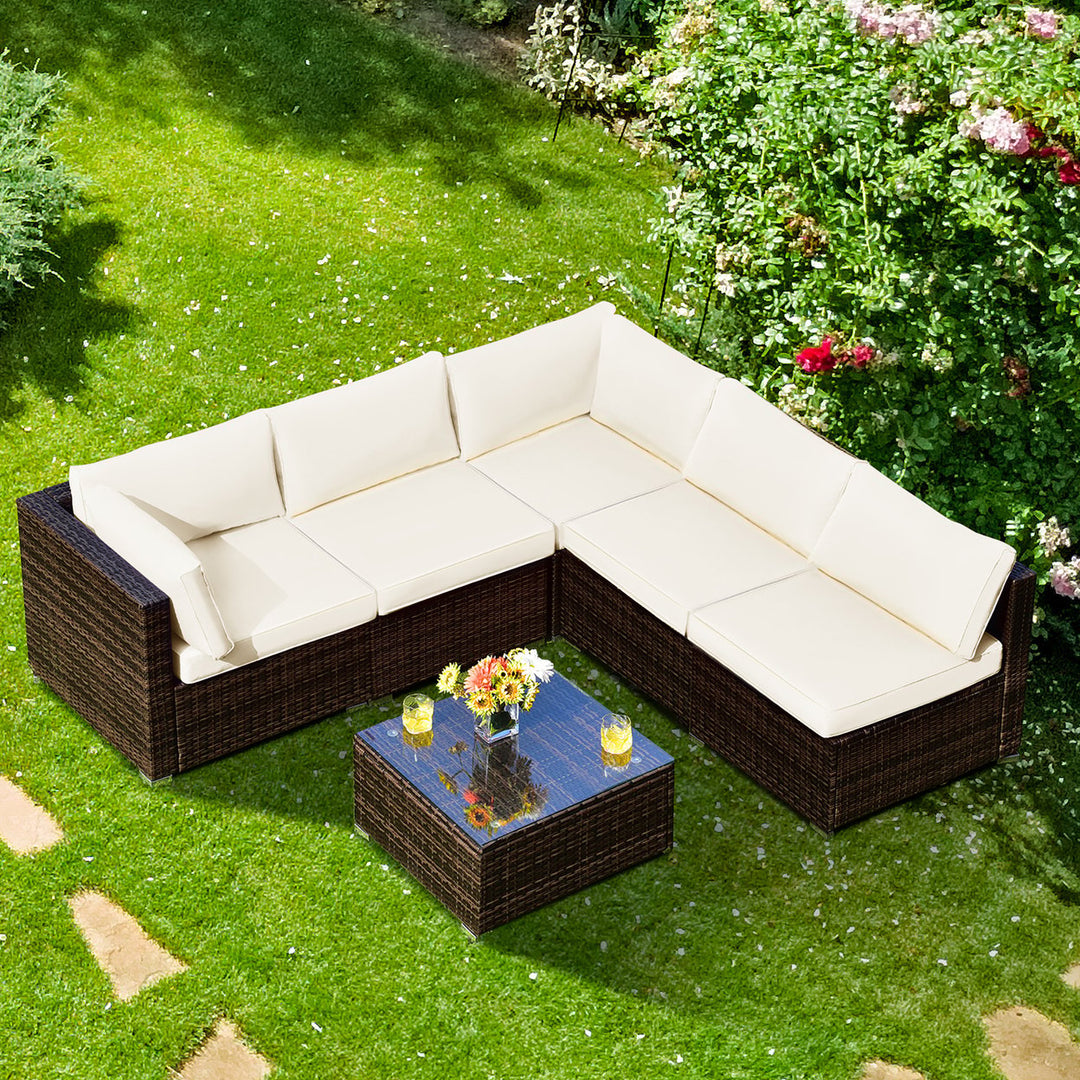 Costway 6PCS Patio Rattan Furniture Set Cushioned Sofa Coffee Table Garden Turquoise/Red/Navy/Brown/White/Black Image 1