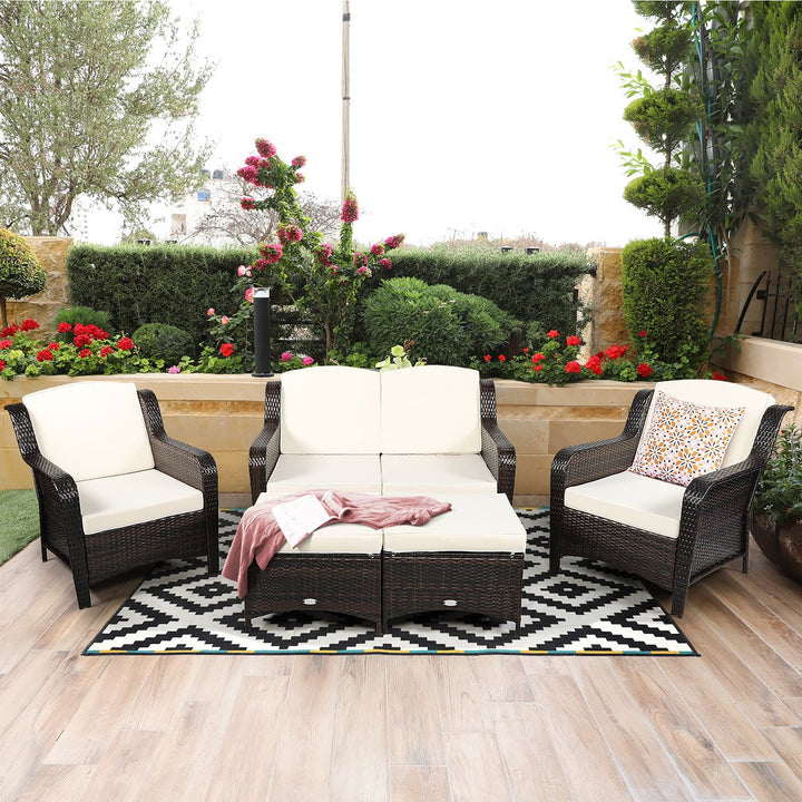 Costway 5PCS Patio Rattan Furniture Set Loveseat Sofa Ottoman W/Red\White Cushion Image 1