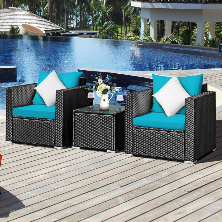 Costway 3PCS Patio Rattan Wicker Furniture Set Sofa Table W/Cushion Yard Red\Turquoise\ Navy\Black Image 3