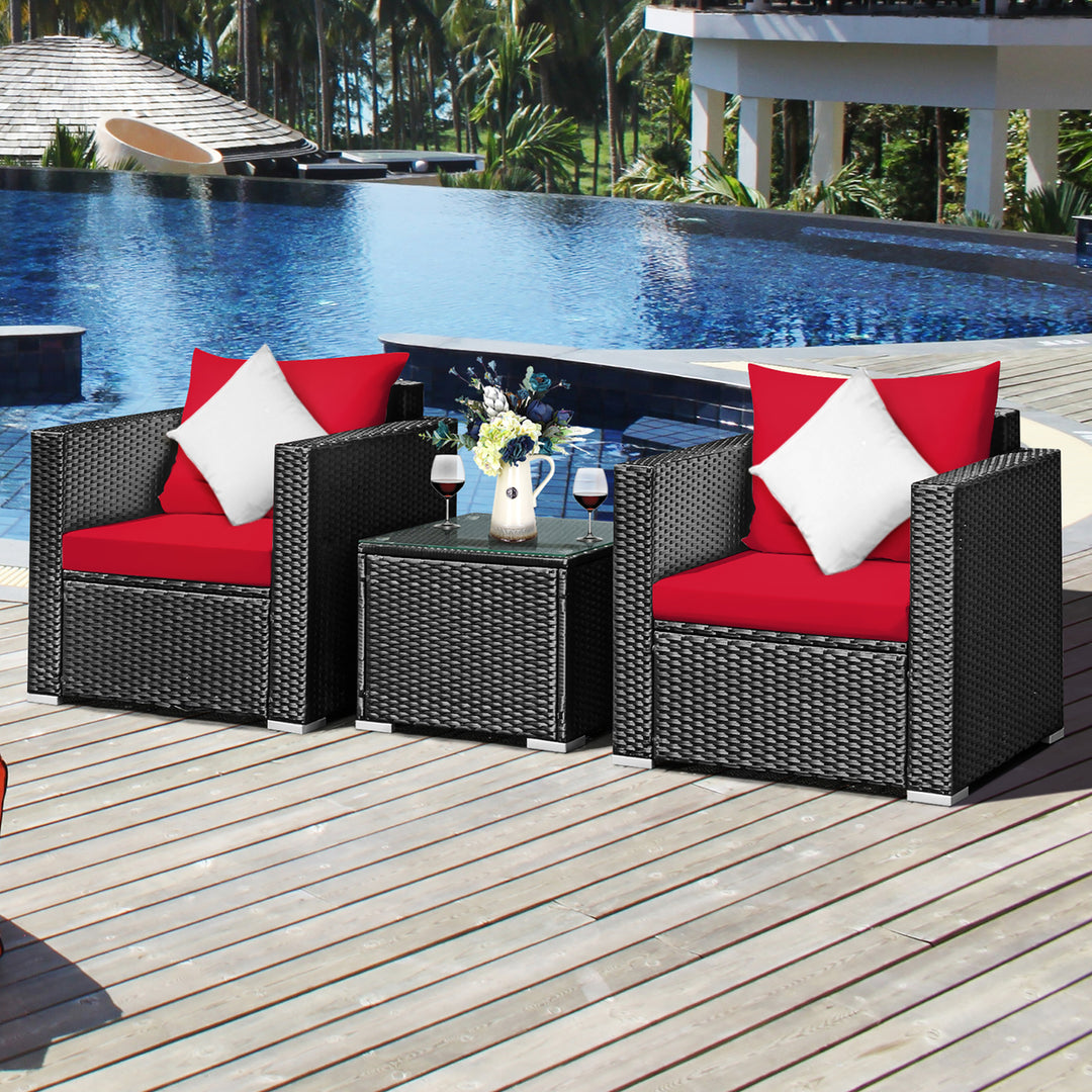 Costway 3PCS Patio Rattan Wicker Furniture Set Sofa Table W/Cushion Yard Red\Turquoise\ Navy\Black Image 5