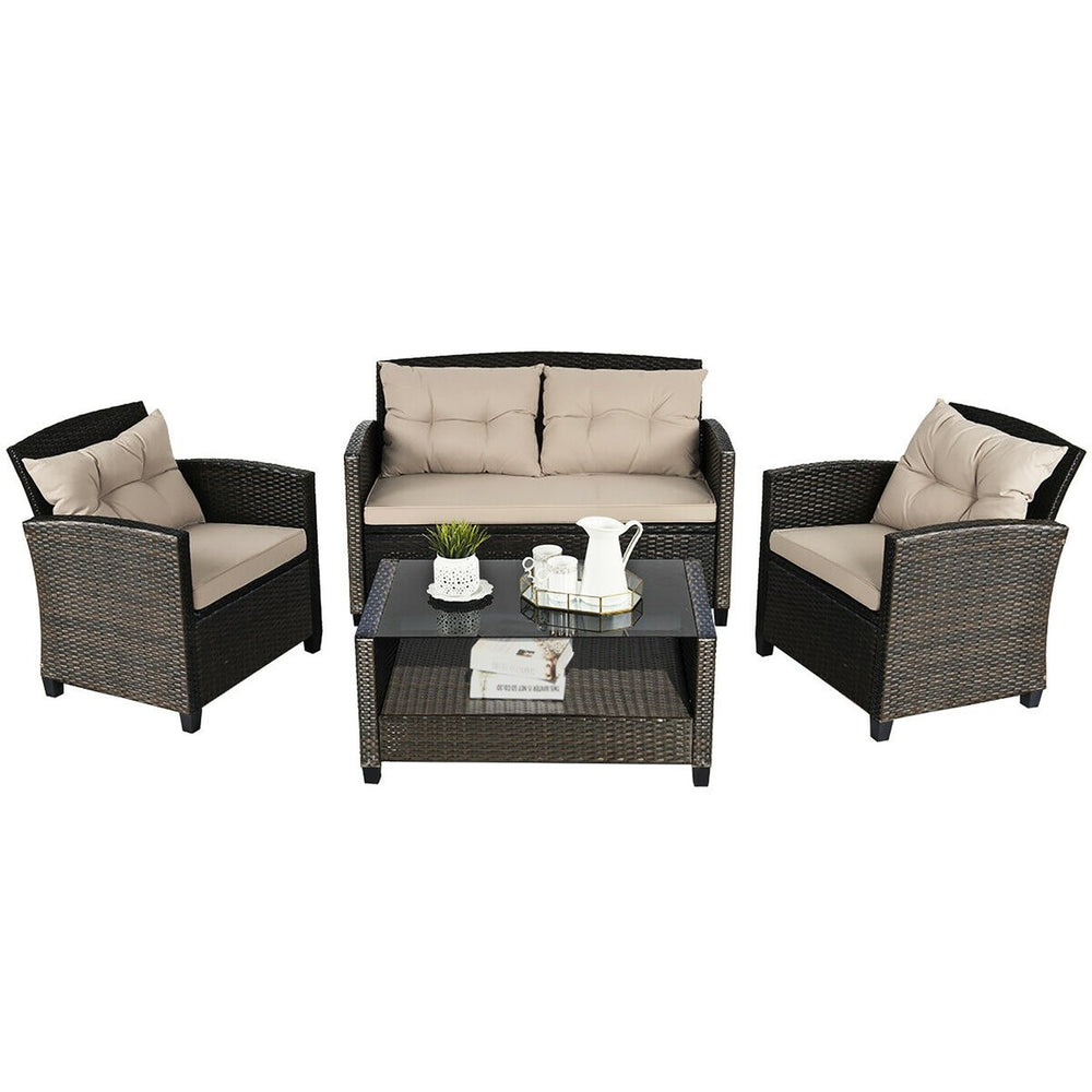 4PCS Outdoor Rattan Furniture Set Cushioned Sofa Armrest Chair Lower Shelf Brown Image 2