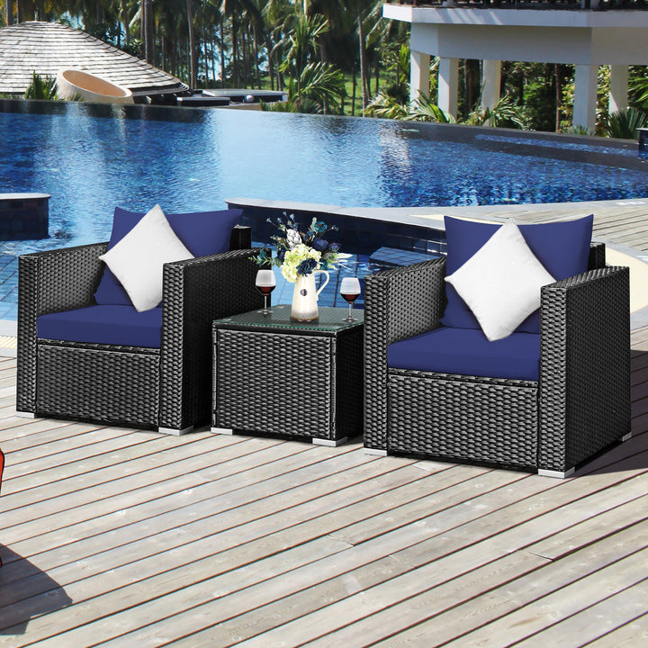 Costway 3PCS Patio Rattan Wicker Furniture Set Sofa Table W/Cushion Yard Red\Turquoise\ Navy\Black Image 6