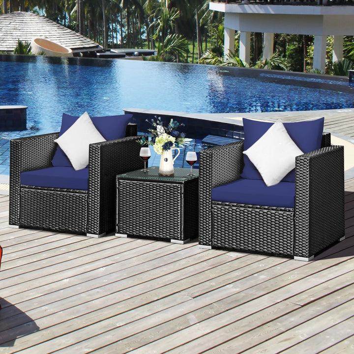 Costway 3PCS Patio Rattan Wicker Furniture Set Sofa Table W/Cushion Yard Red\Turquoise\ Navy\Black Image 1