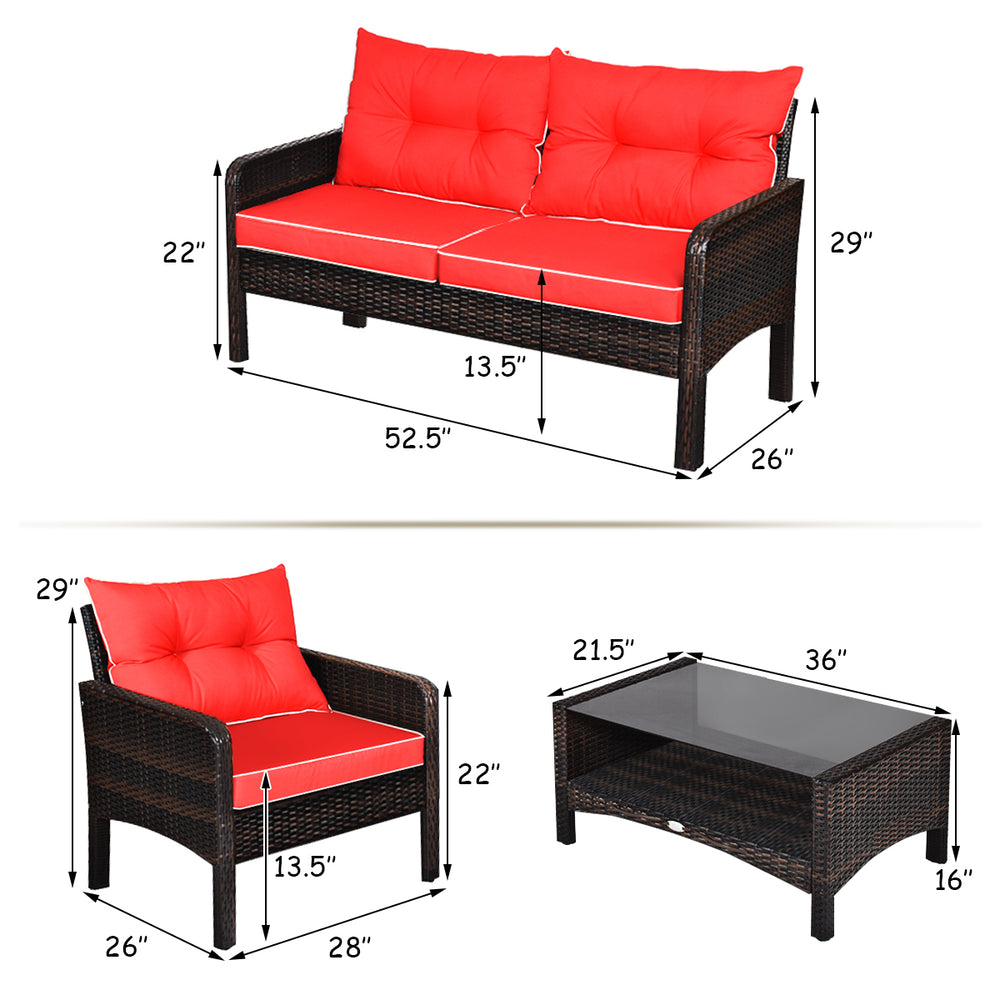 4PCS Patio Rattan Furniture Set Loveseat Sofa Coffee Table Garden W/Red Cushion Image 2