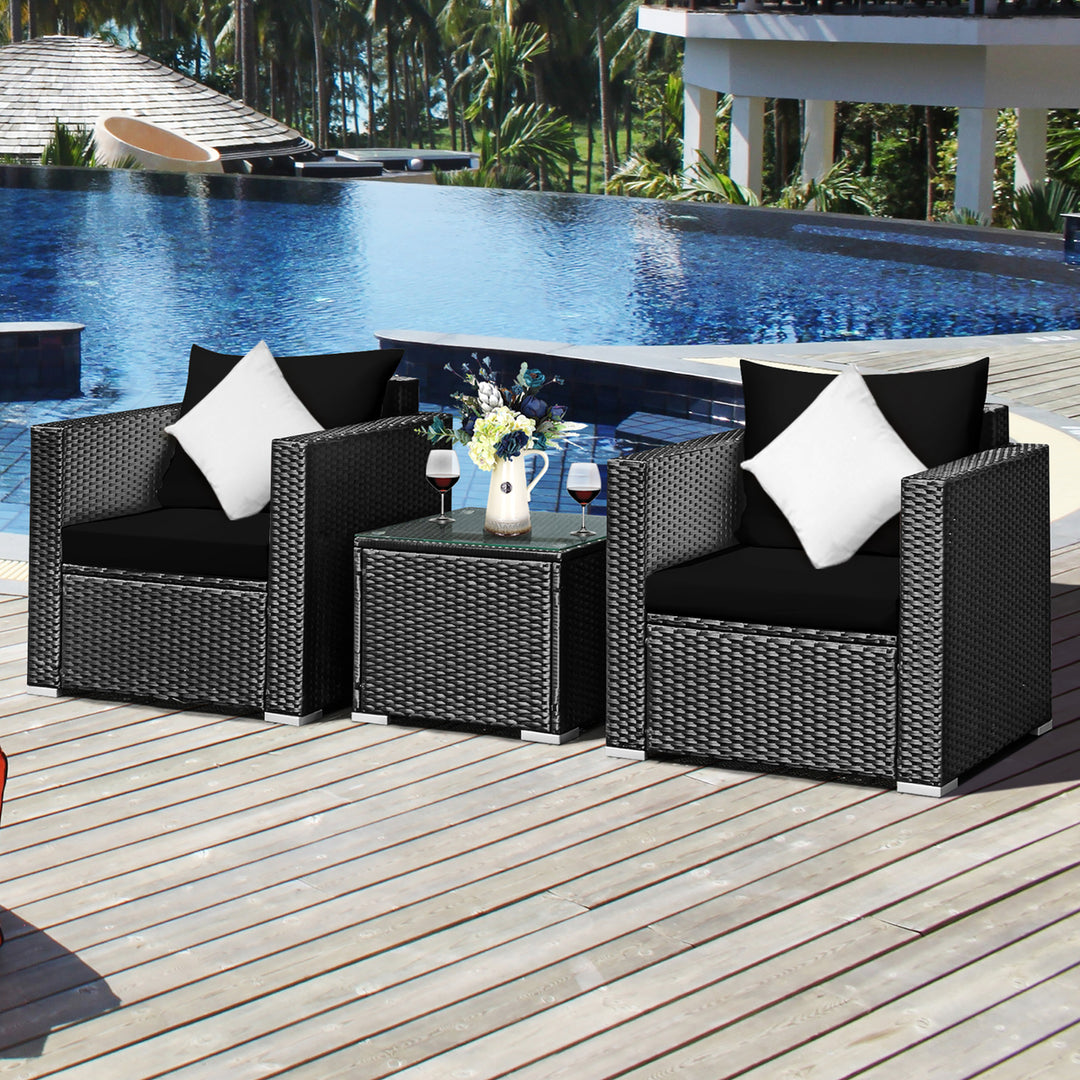 Costway 3PCS Patio Rattan Wicker Furniture Set Sofa Table W/Cushion Yard Red\Turquoise\ Navy\Black Image 7