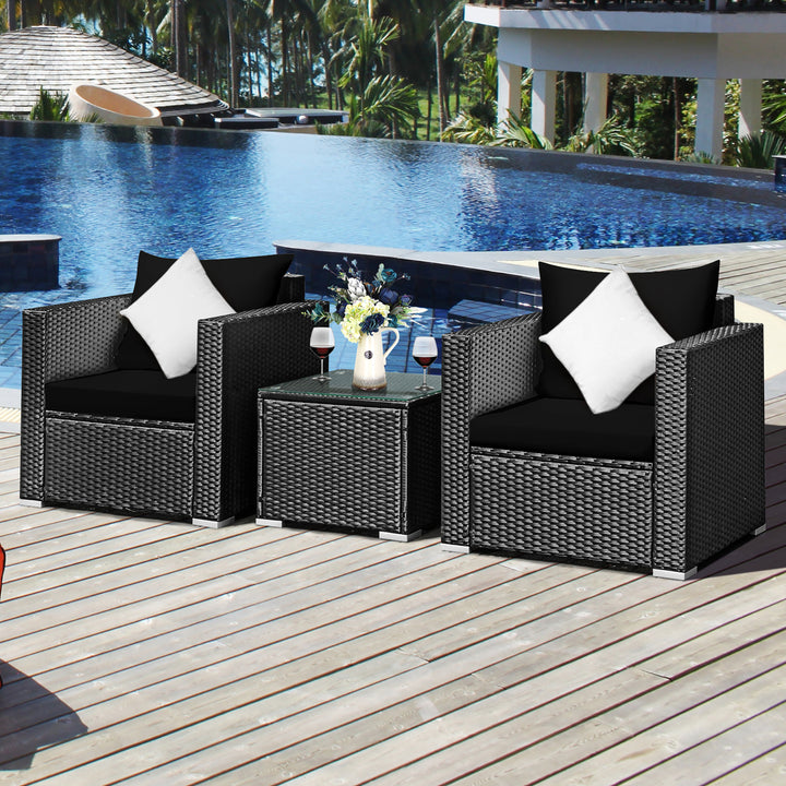 Costway 3PCS Patio Rattan Wicker Furniture Set Sofa Table W/Cushion Yard Red\Turquoise\ Navy\Black Image 7