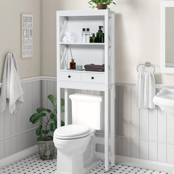 Over the Toilet Storage Rack Bathroom Space Saver w/ 2 Open Shelves and Drawers Image 2