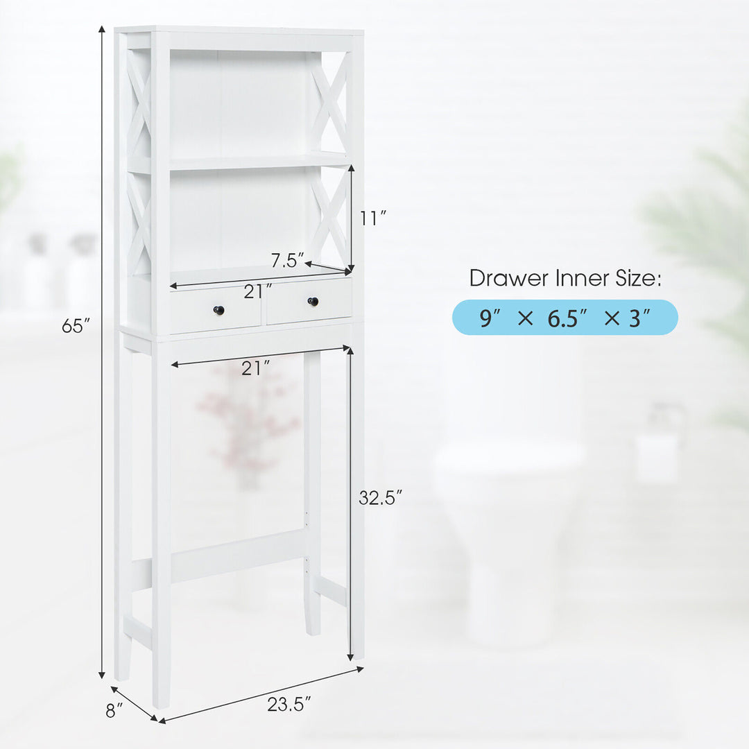 Over the Toilet Storage Rack Bathroom Space Saver w/ 2 Open Shelves and Drawers Image 3