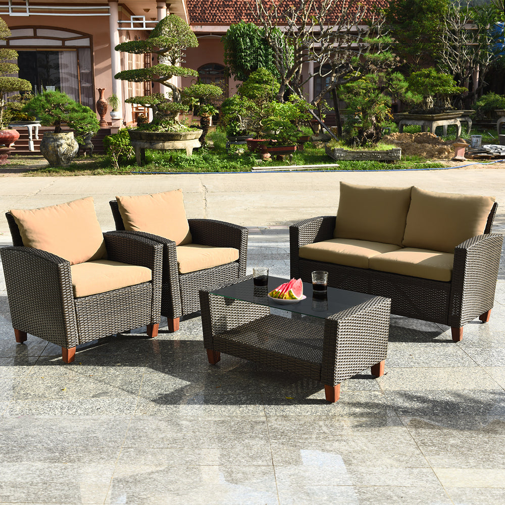 4PCS Patio Rattan Furniture Set Solid Wood Leg Cushioned Sofa Garden Lawn Image 2