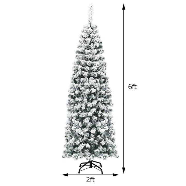 6Ft Pre-lit Snow Flocked Artificial Pencil Christmas Pine Tree w/ 250 LED Lights Image 2