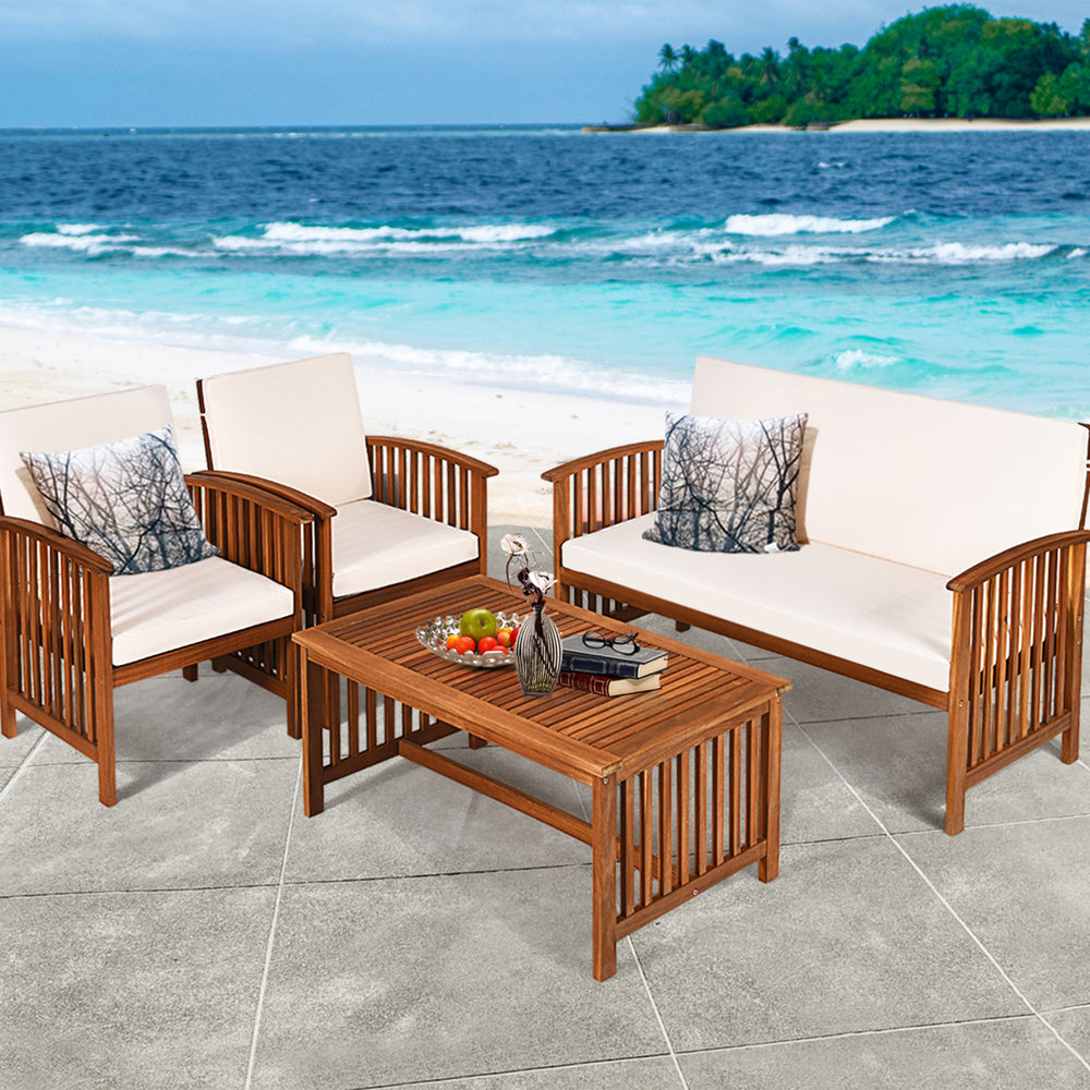 4PCS Patio Solid Wood Furniture Set Conversation Coffee Table W/White Cushion Image 2