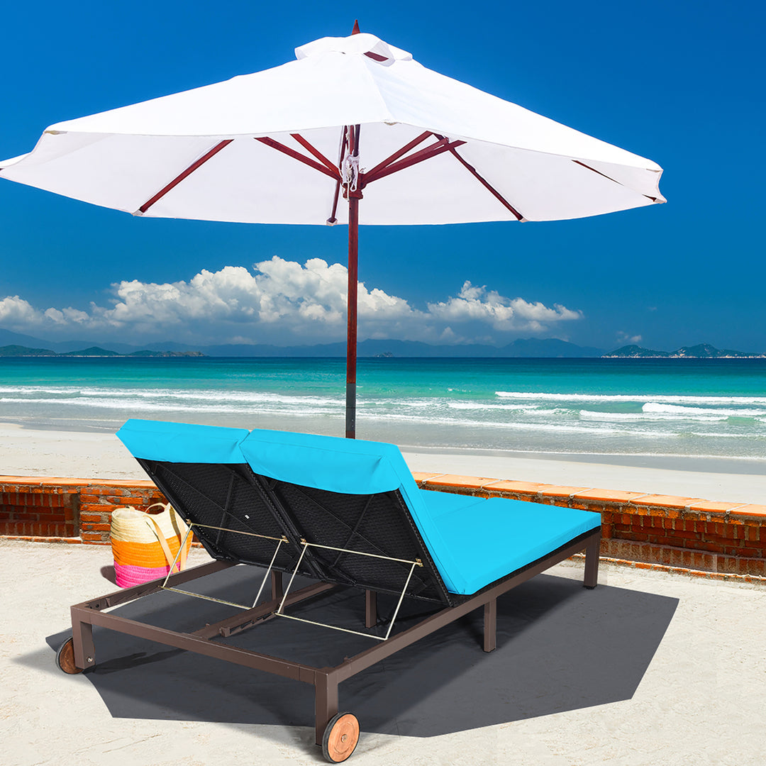 2-Person Patio Rattan Lounge Chair Chaise Recliner Adjustable Cushion Turquoise Image 4