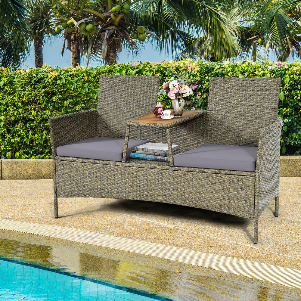 2-Person Patio Rattan Conversation Furniture Set Loveseat Coffee Table Image 2