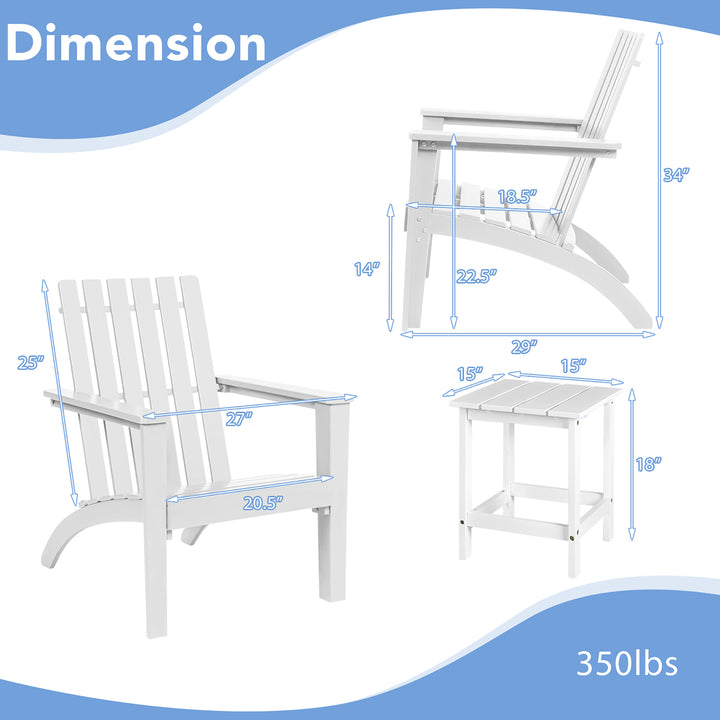 2PCS Patio Adirondack Chair Side Table Set Solid Wood Garden Deck White Image 3