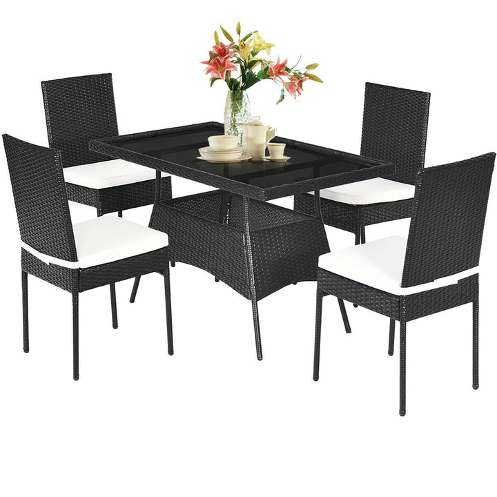 5PCS Patio Rattan Dining Set Table w/Glass Top Garden Furniture Image 2