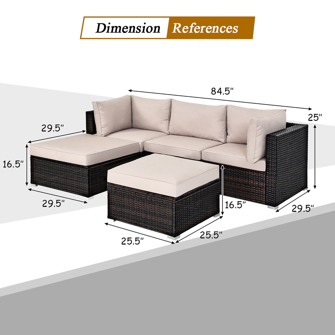 5PCS Patio Rattan Furniture Set Ottoman Table Beige Image 3