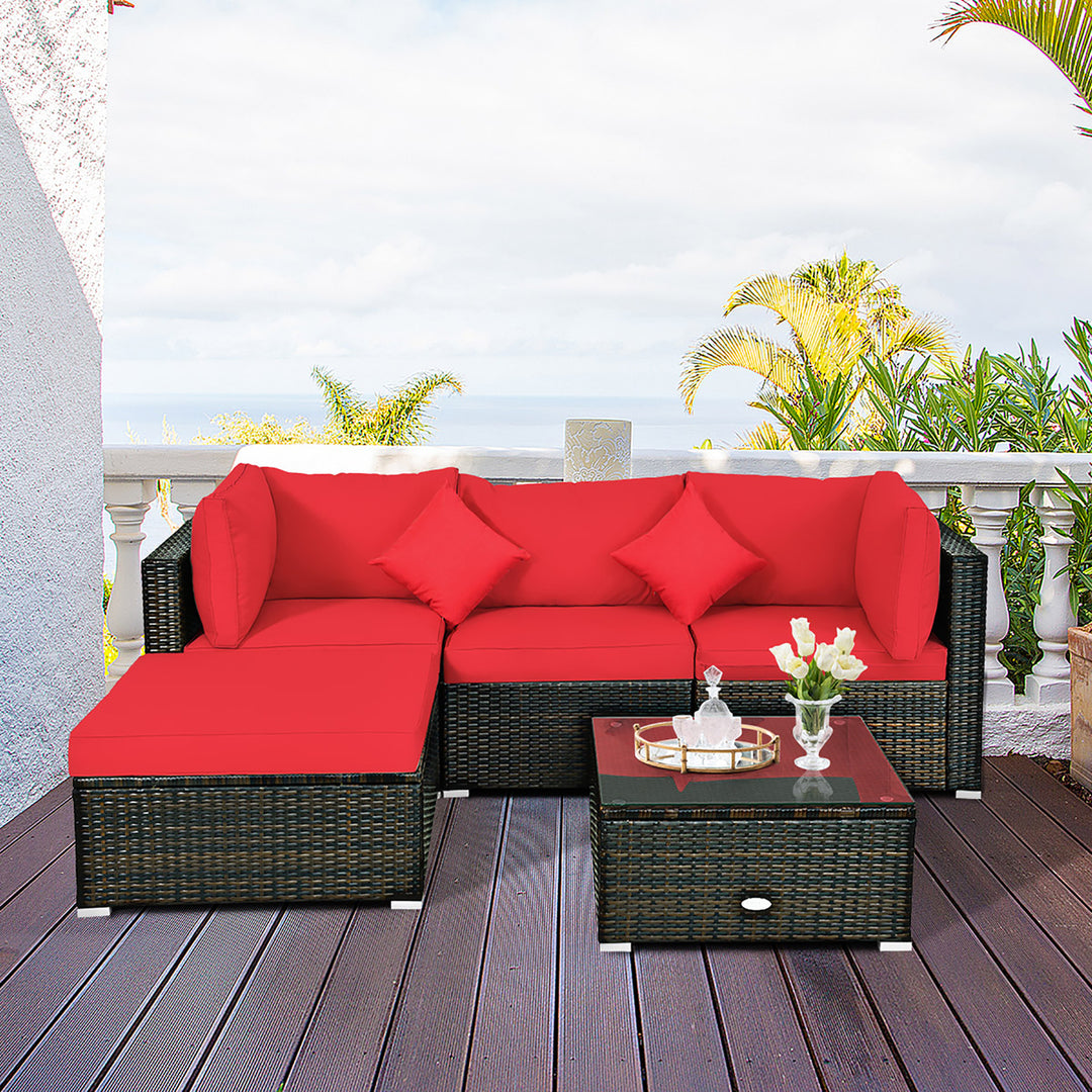 5PCS Outdoor Patio Rattan Furniture Set Sectional Conversation W/Red Cushions Image 4