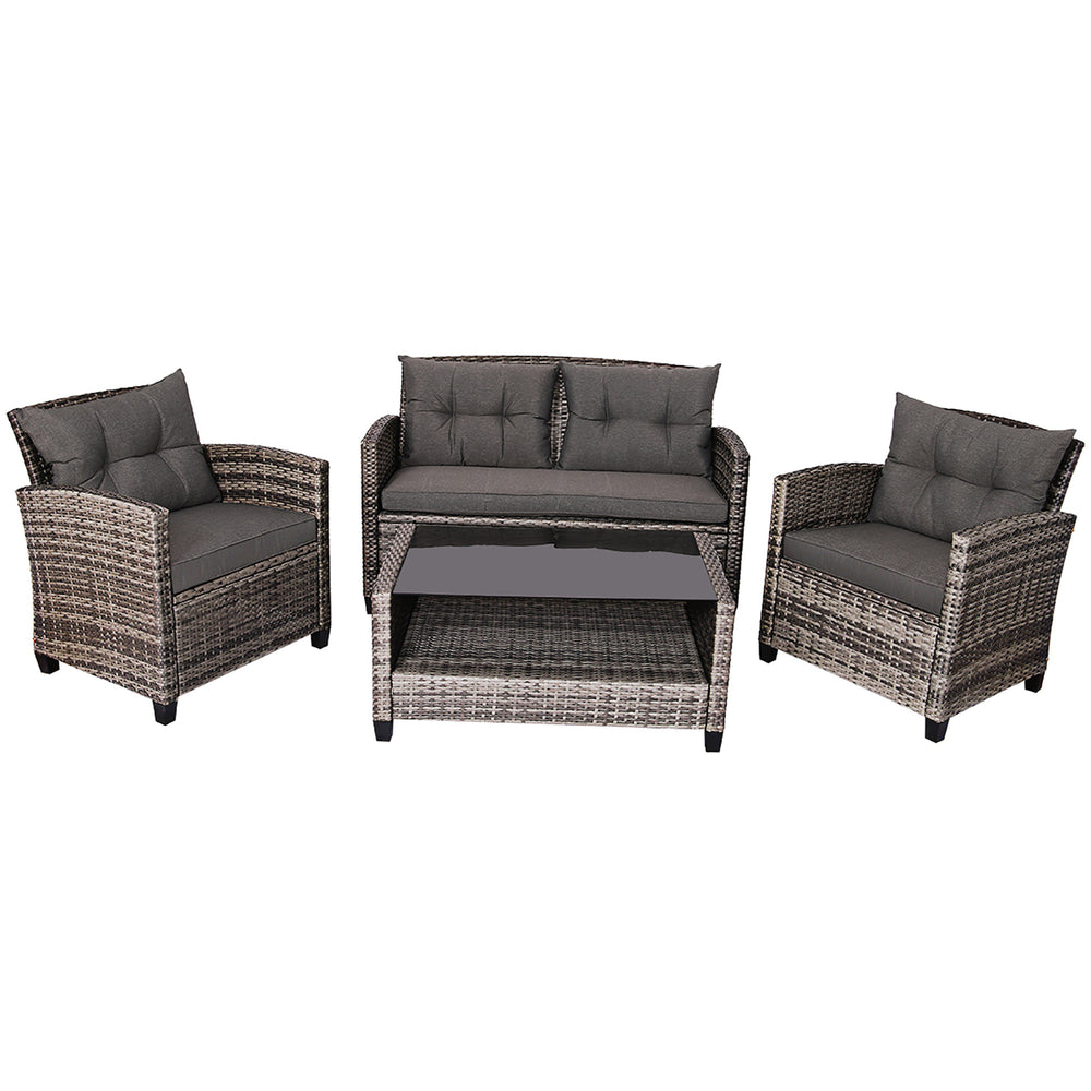 4PCS Patio Rattan Furniture Set Coffee Table Cushioned Sofa Garden Lawn Gray Image 2